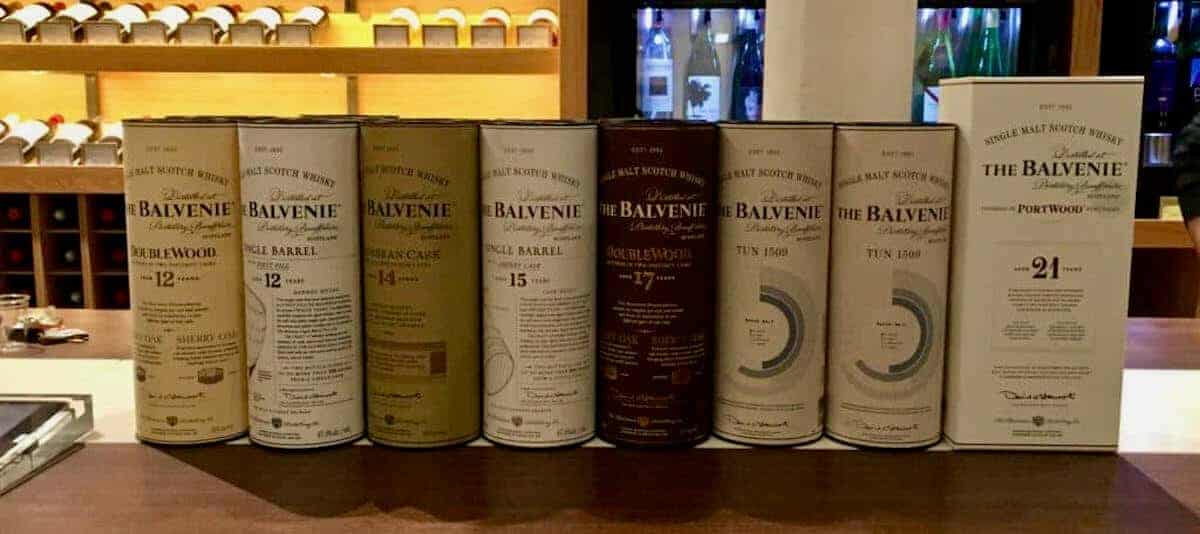 The Balvenie sleeves lineup on a counter.