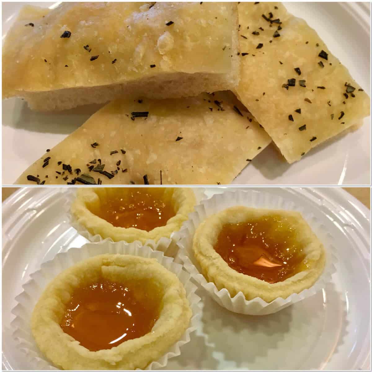 Collage of Rosemary Sourdough Focaccia and apricot Tartlet on white plates.