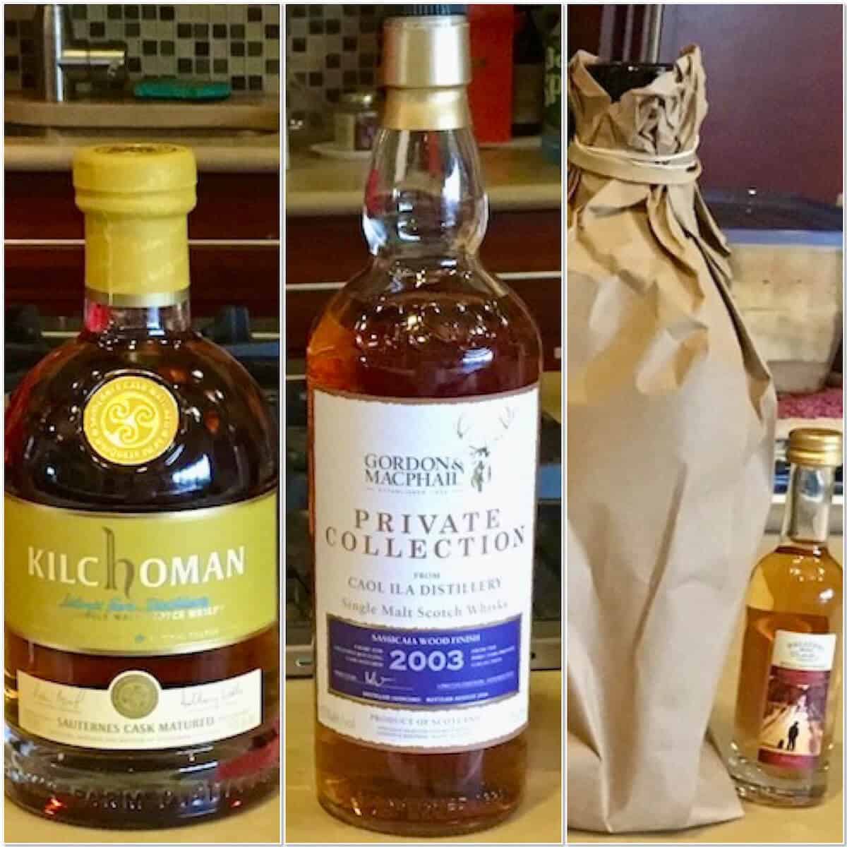 Collage of Kilchoman, Gordon & MacPhail, & a bottle in a paper bag on a counter.