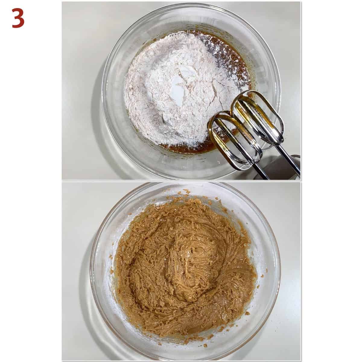 Collage of mixing molasses cookie dough.