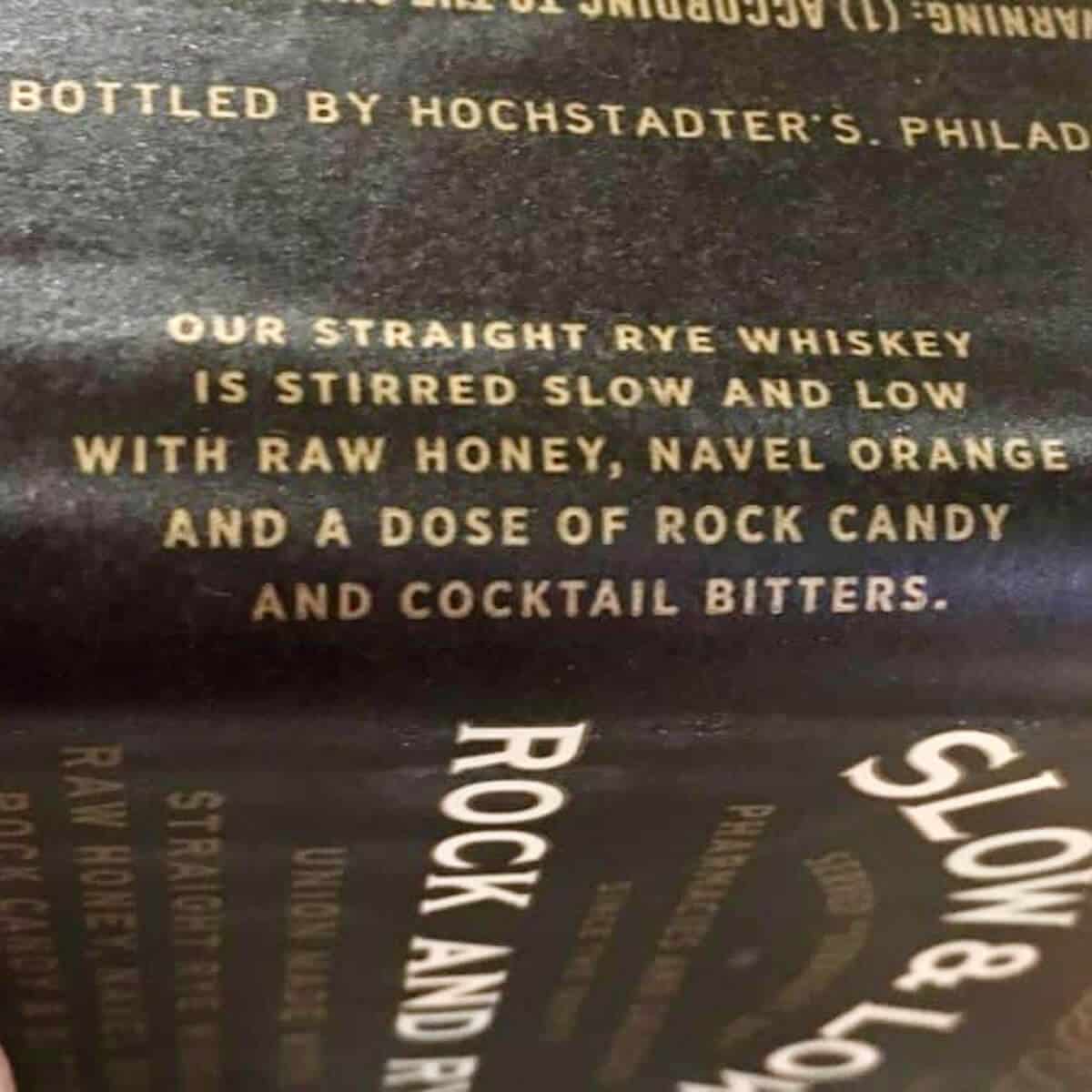 Closeup on the Hochstadter's Slow & Low rye whiskey label.