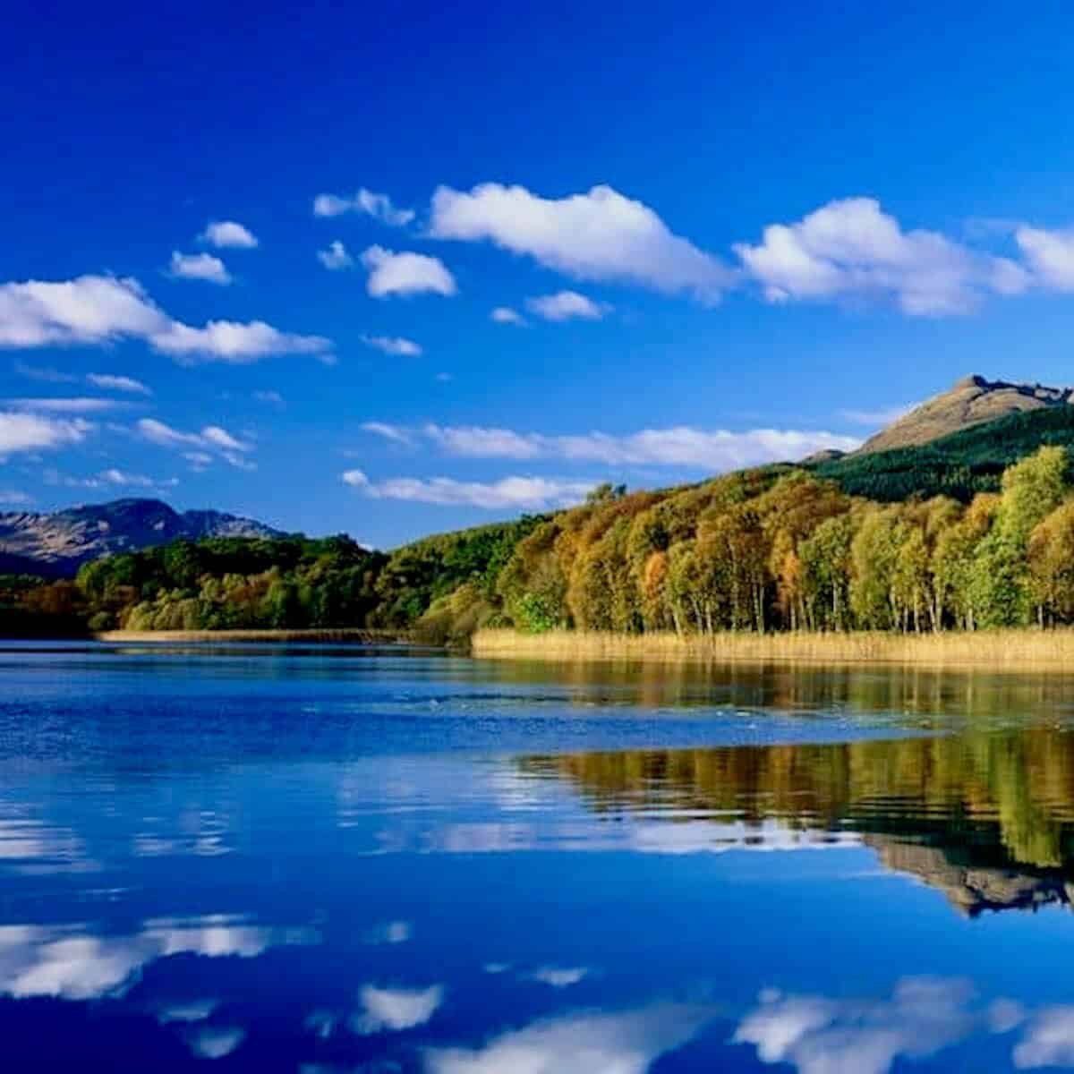 Scene of Scotland's Loch Lomand water and hills.