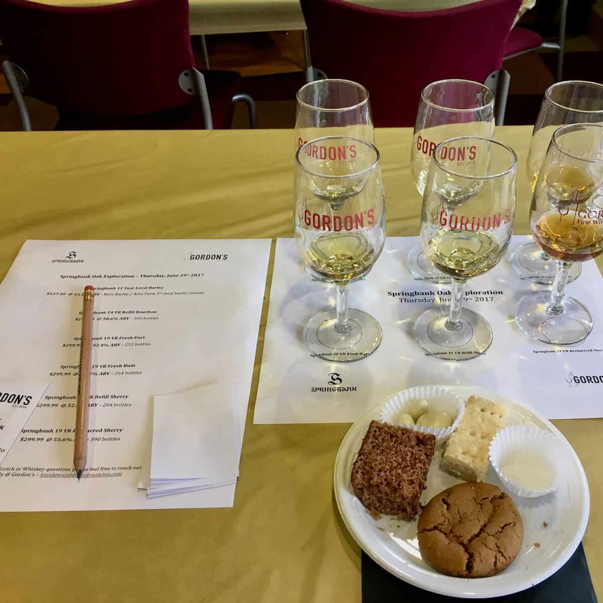 Plate of snacks with samples poured in glasses & price list on a table.