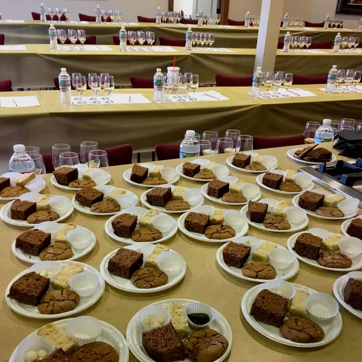 Rows of snacks on white plates on a counter.