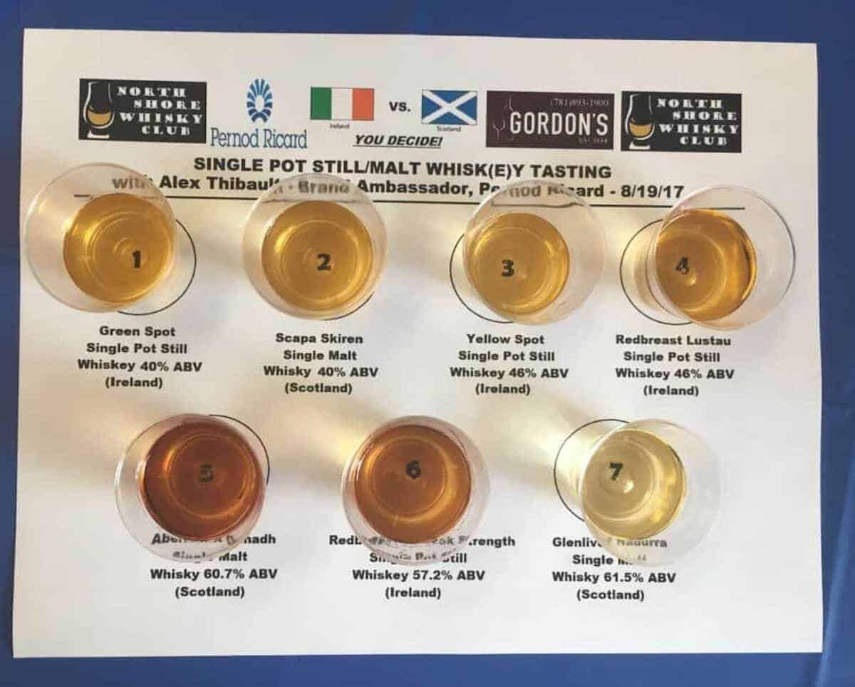 The Single Pot Still vs Single Malt Scotch samples on a labelled mat from overhead.