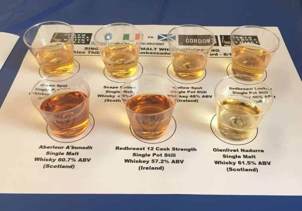 The Single Pot Still vs Single Malt Scotch samples on a labelled mat.