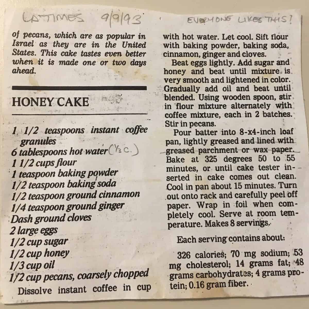 Printed honey cake recipe from LA Times.