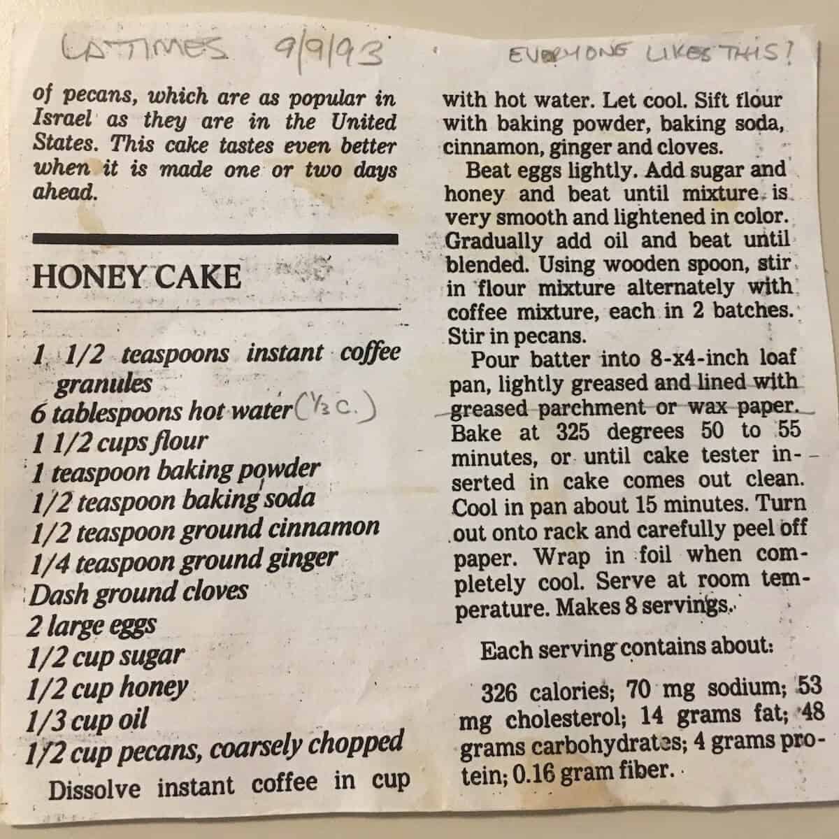 Printed honey cake recipe from LA Times.