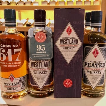 Westland American Single Malt Whiskey lineup on a counter.