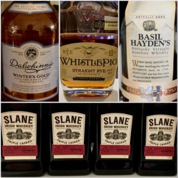 Collage of Dalwhinnie, Slane, Basil Haydens, and WhistlePig bottles.