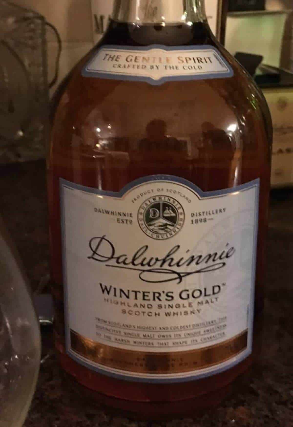 Dalwhinnie Winter's Gold bottle on a counter.