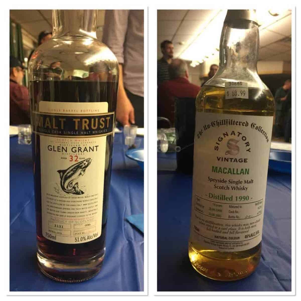 Glen Grant 32yr & Signatory Vintage Macallan bottles on a blue tablecloth.