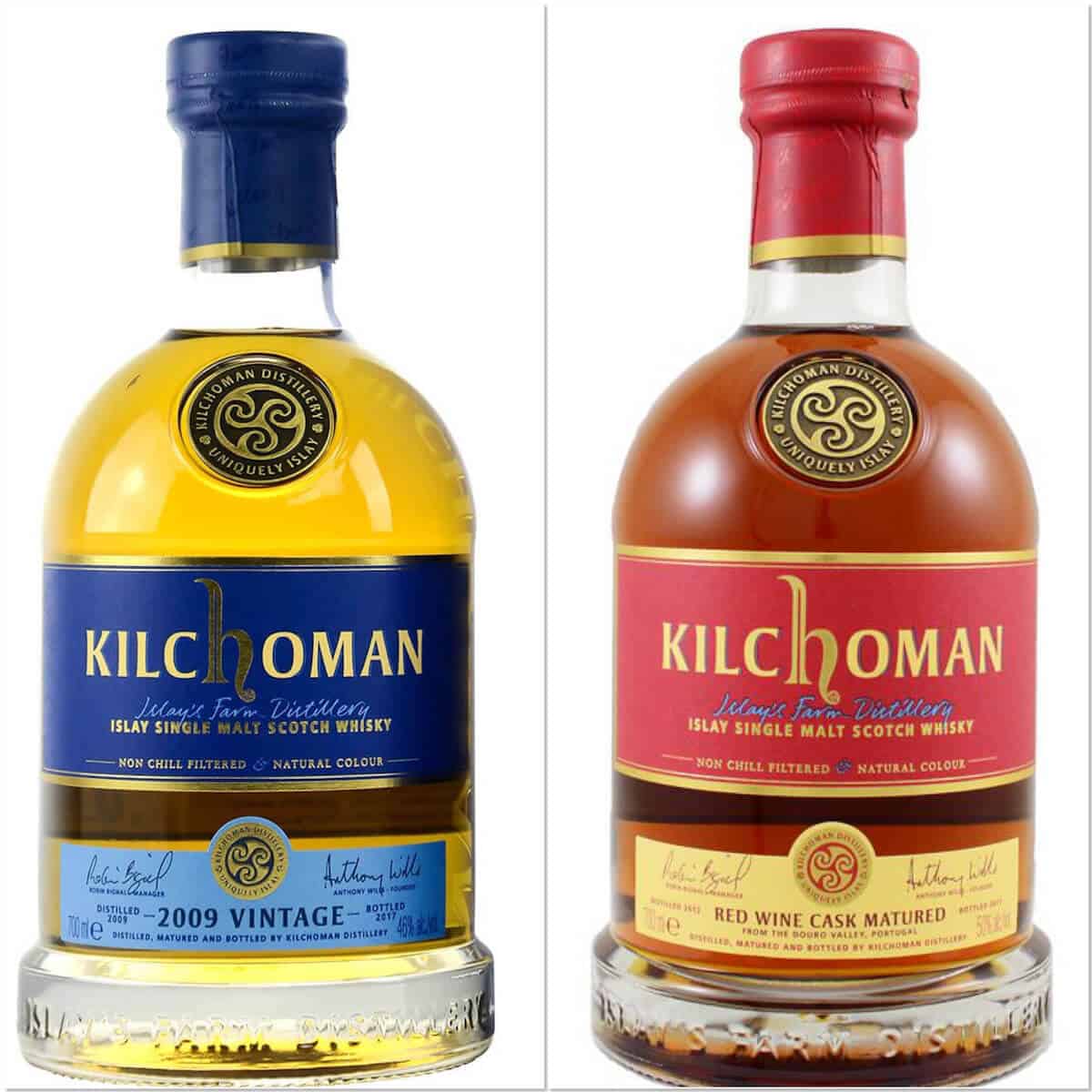 Collage of Kilchoman 2009 Vintage and Red Wine Release bottles.