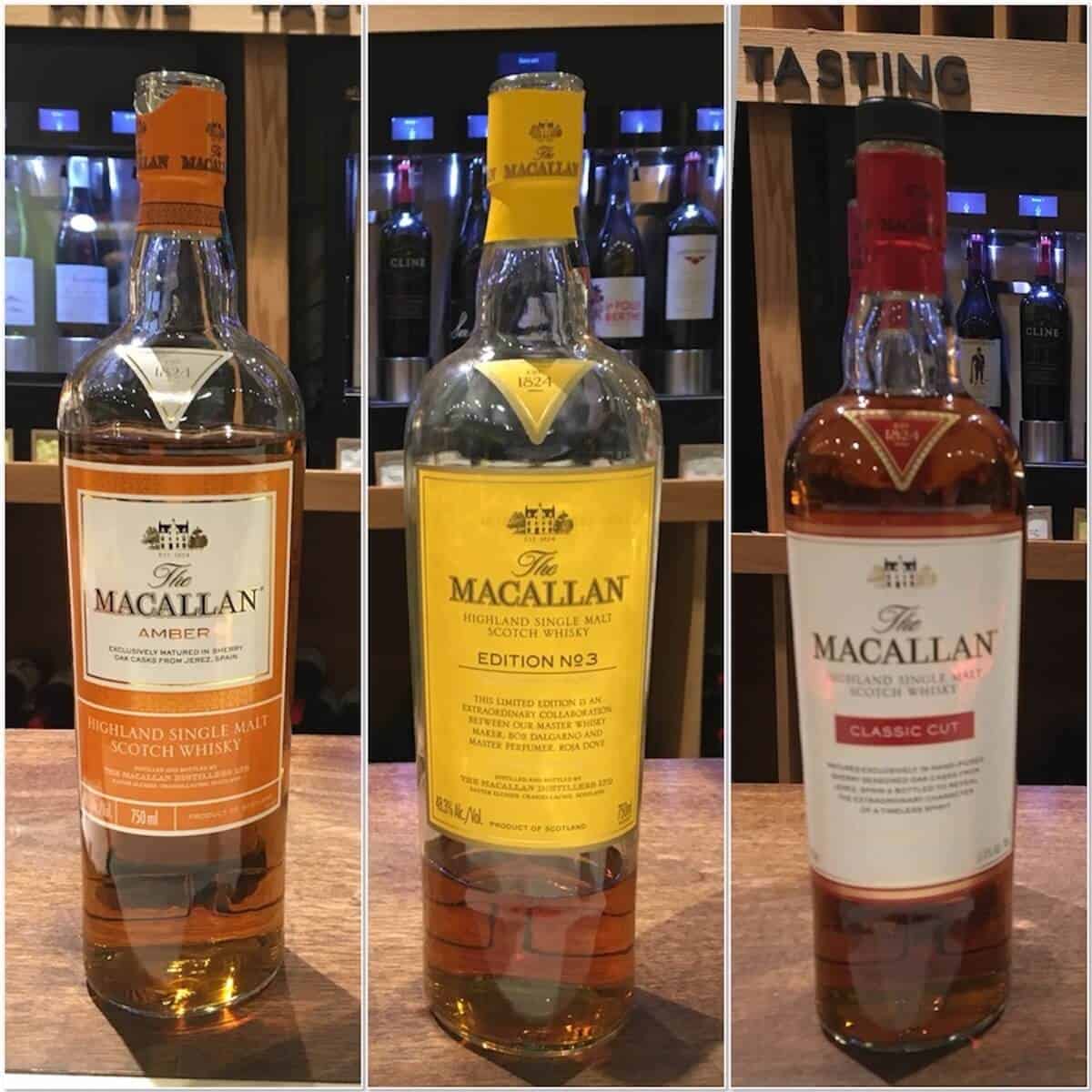 Collage of Macallan whisky in bottles on a counter.