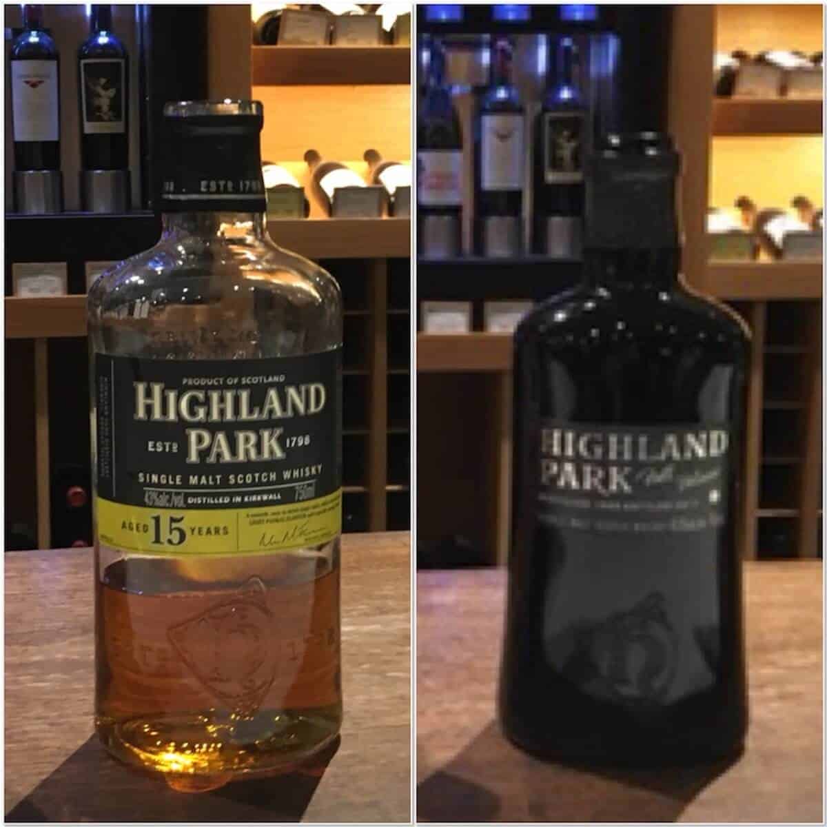 Collage of Highland Park scotch whisky on a counter.