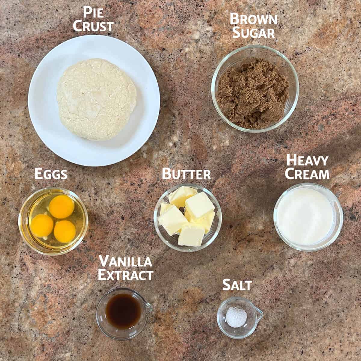 Ingredients for Butterscotch Pie portioned into glass bowls.