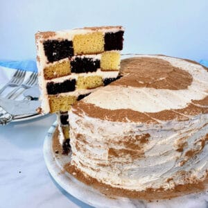 chocolate and vanilla checkerboard cake slice lifted from cake