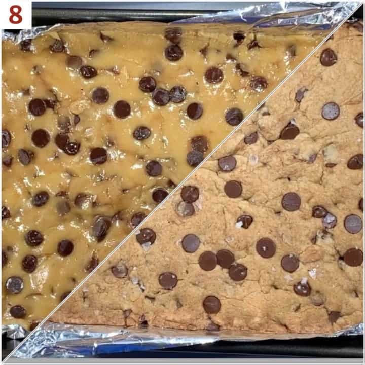 Collage of before & after baking cookie bars.
