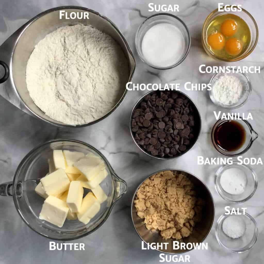 Brown Butter Chocolate Chip Cookie Bars ingredients portioned into bowls.