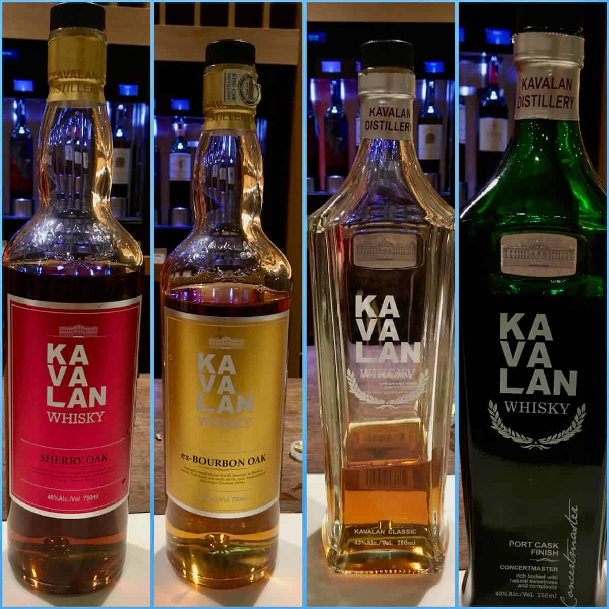 Collage of Kavalan lineup in bottles on a counter.