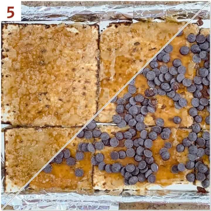 Collage of sprinkling chocolate chips onto hot-toffee covered matzo.