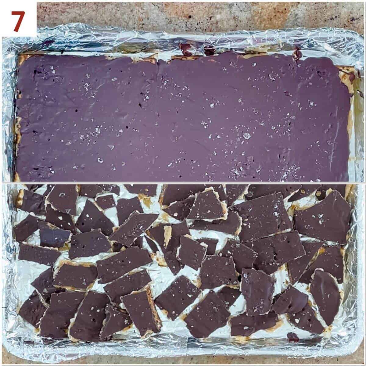 Collage of before & after breaking cooled matzo crack.