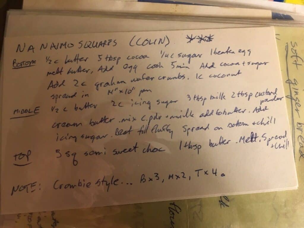 Nanaimo bars handwritten recipe.