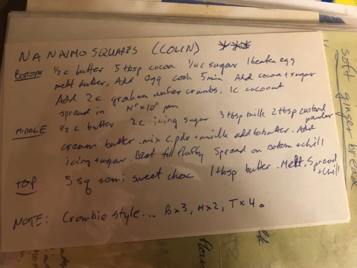 Nanaimo bars handwritten recipe.