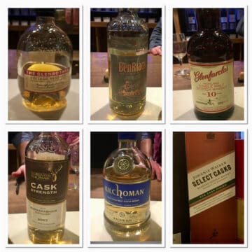 Collage of scotch whisky lineup bottles under $70 on a counter.