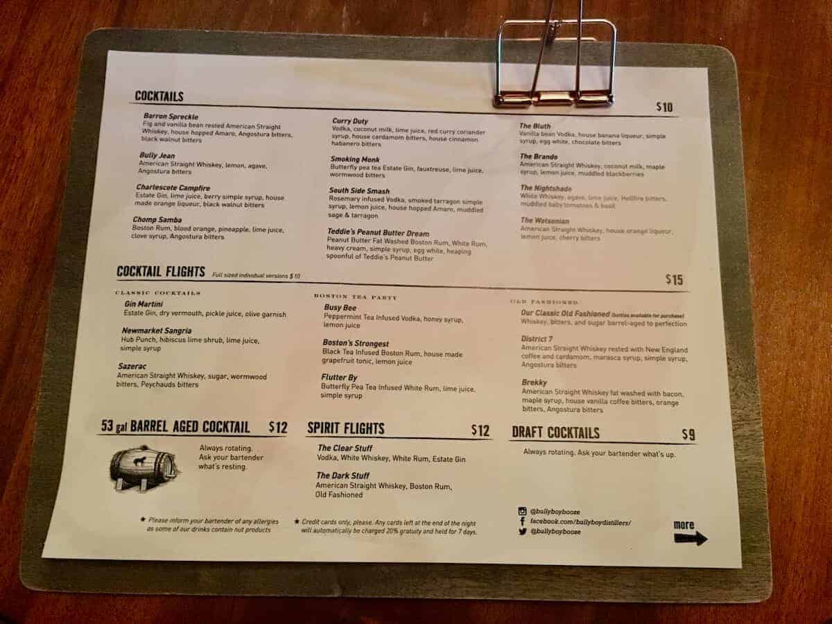 Bully Boy Distillery tasting room menu.