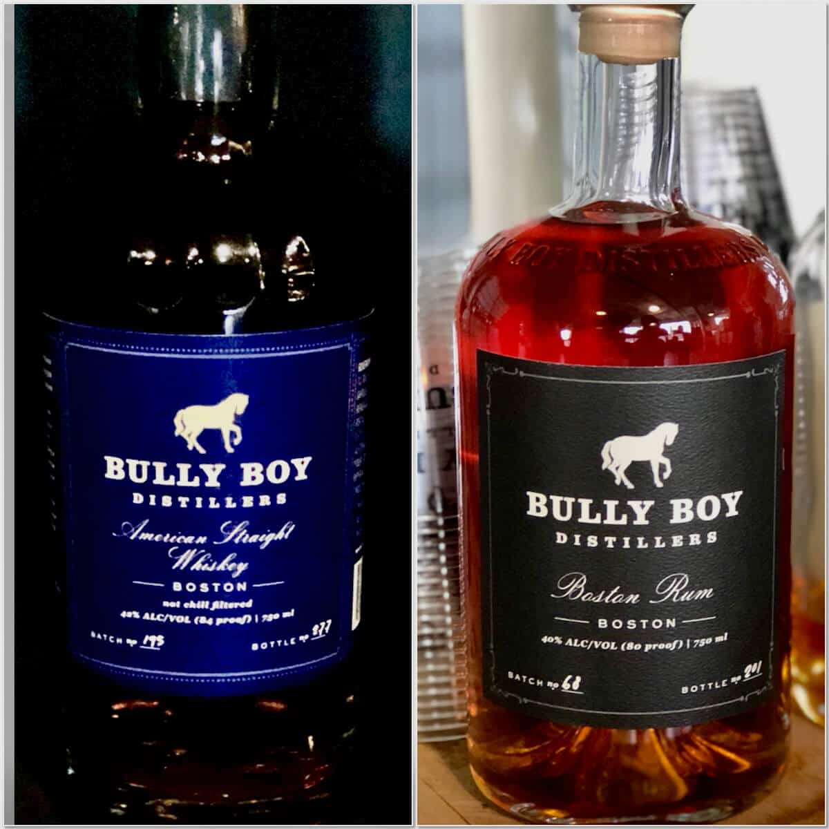 Collage of Bully Boy Distillery Whisky & Rum bottles.