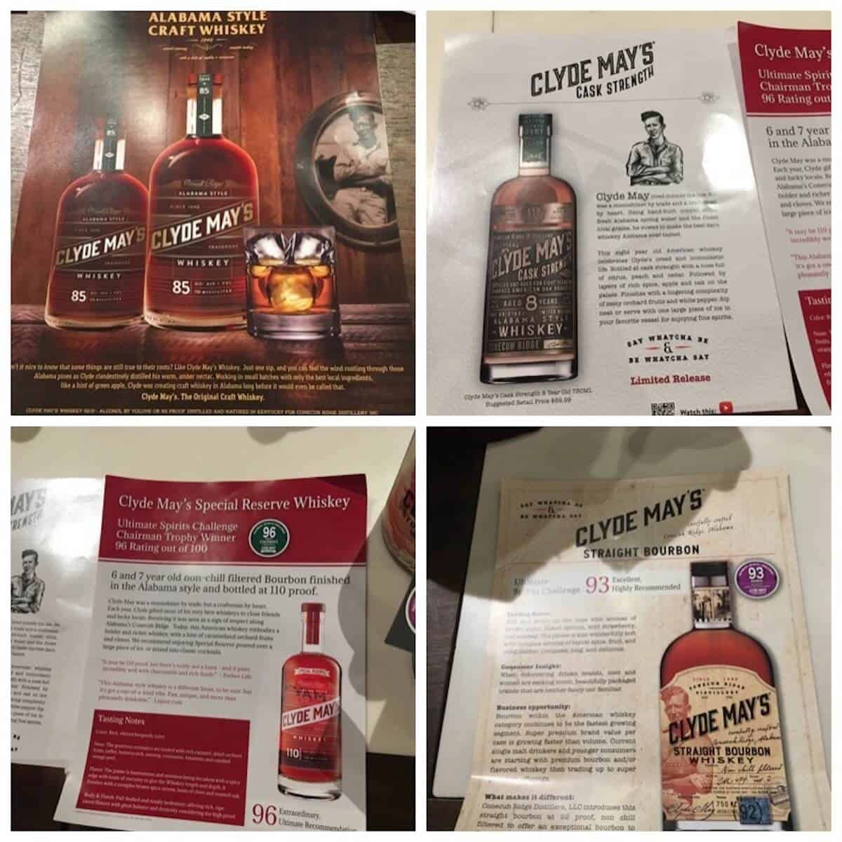 Collage of Clyde May's Alabama-style Whiskey literature.