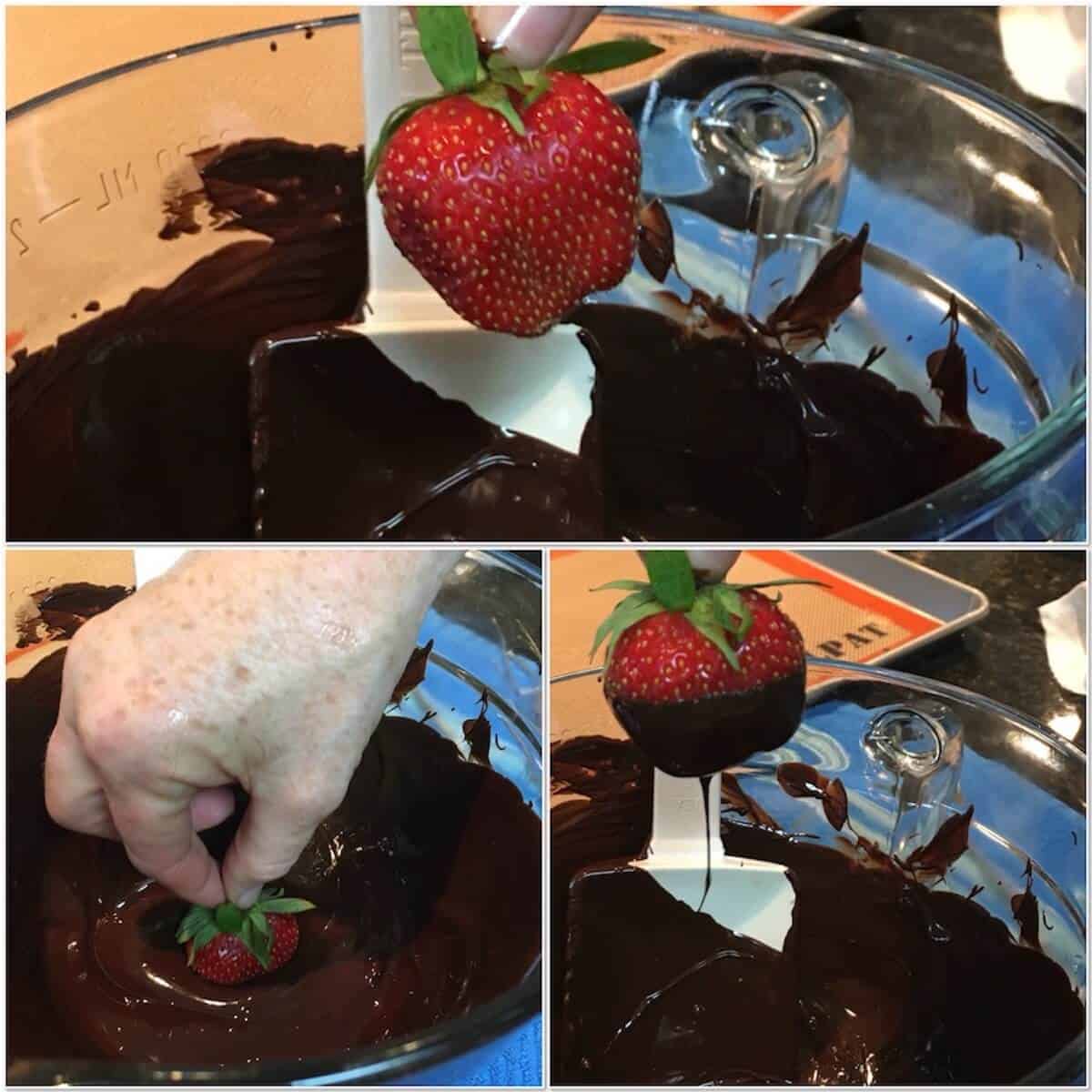 Collage of dipping strawberries in tempered chocolate.
