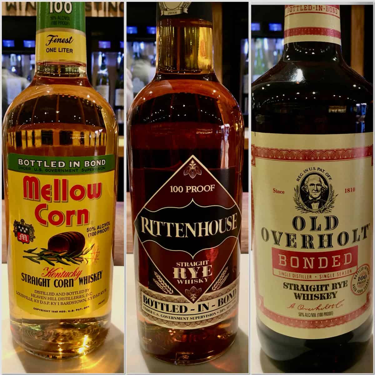 Collage of Mello Corn, Rittenhouse, Old Overholt bottled in bond bottles.