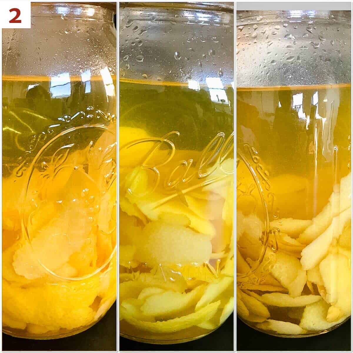 Collage of the limoncello infusion on day 2, day 5, and day 14.