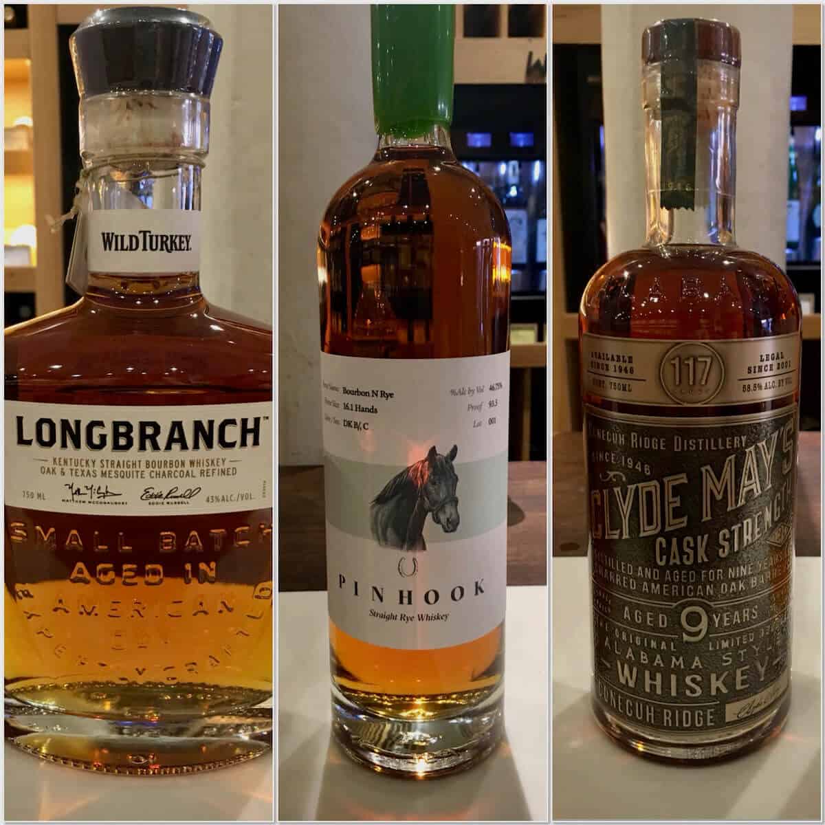 Collage of Wild Turkey Longbranch bourbon, Pinhook bourbon, Clyde Mays Alabama Style Whiskey in bottles on a counter.