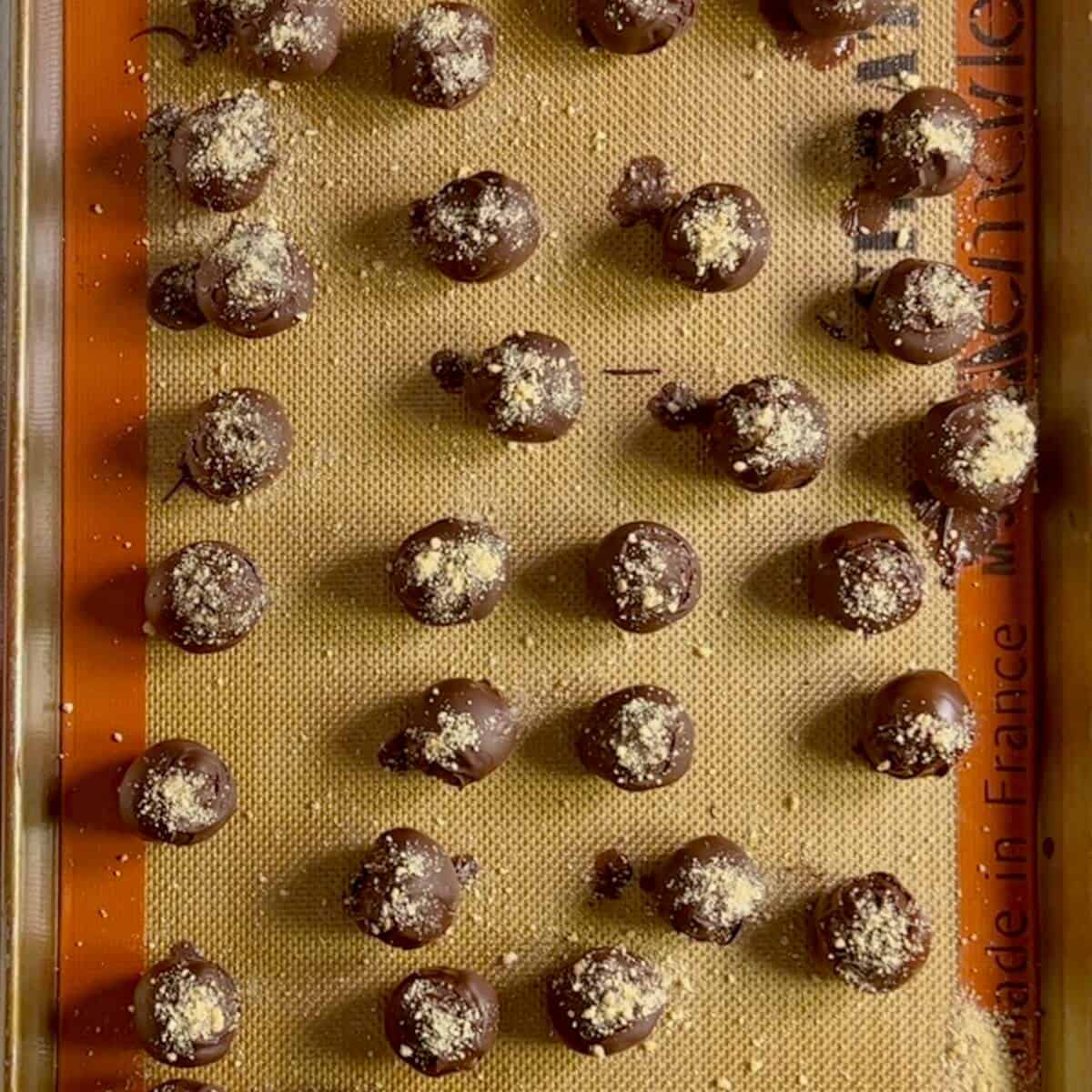 Finished tiramisu truffles on a baking pan