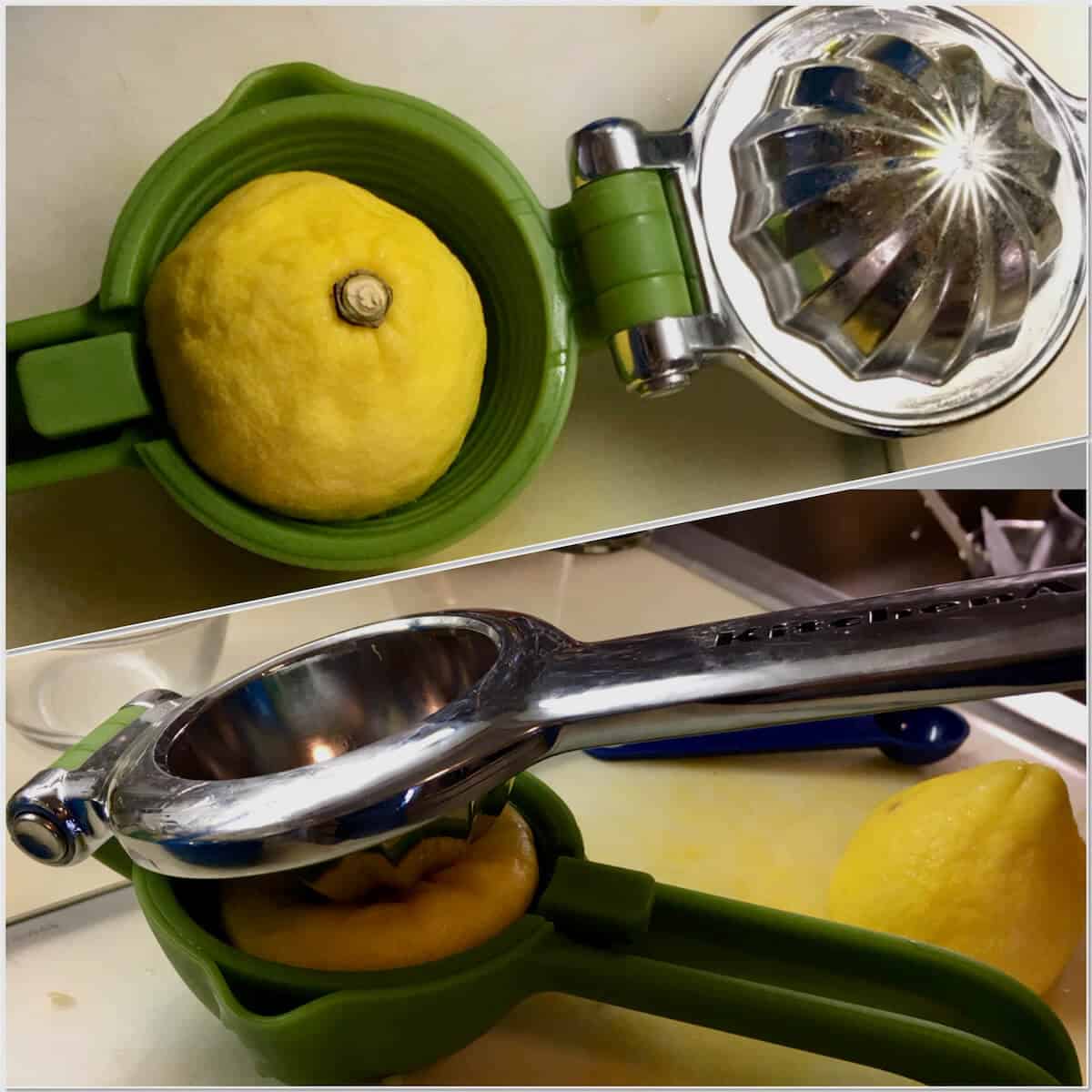 Collage of using a citrus press for juicing a lemon.