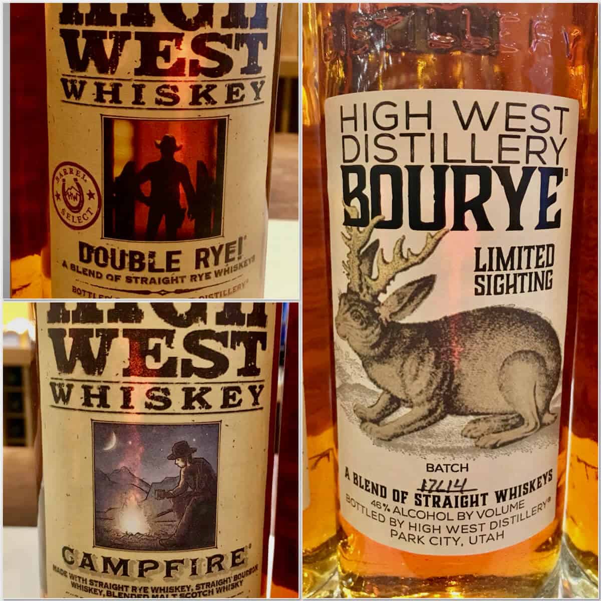 Collage of High West Campfire Rye, Bourye, & Double Rye bottles.