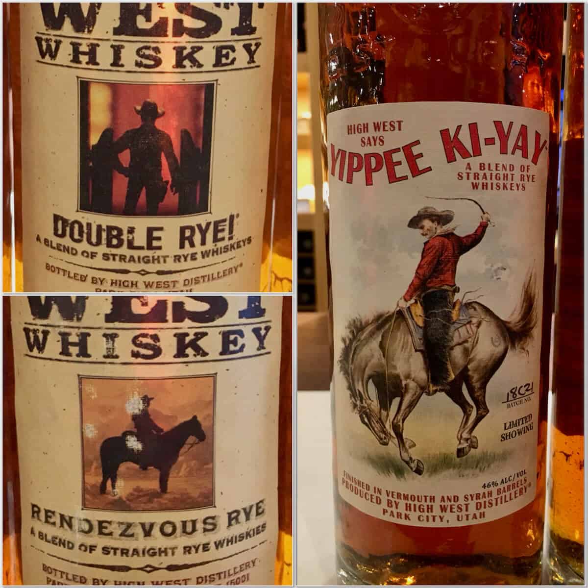 Collage of High West Double rye, Rendezvous Rye, & Yippee Ki-Yay bottles.