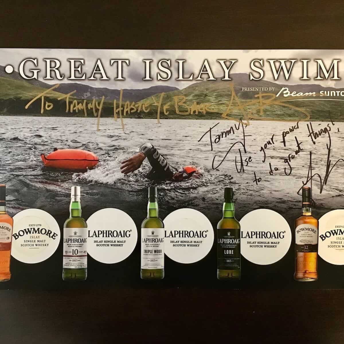 Great Islay Swim Laphroaig tasting guide autographed.
