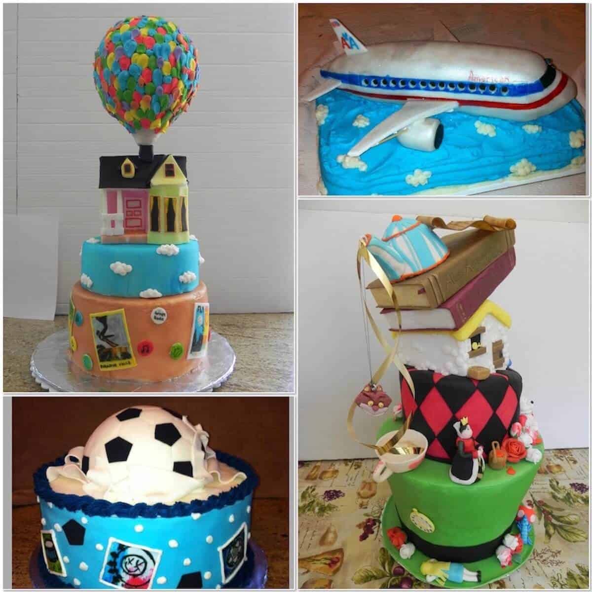 Collage of examples of sculpted cakes: the house from Up, a 787 airplane, a soccer ball, and scenes from Alice in Wonderland.