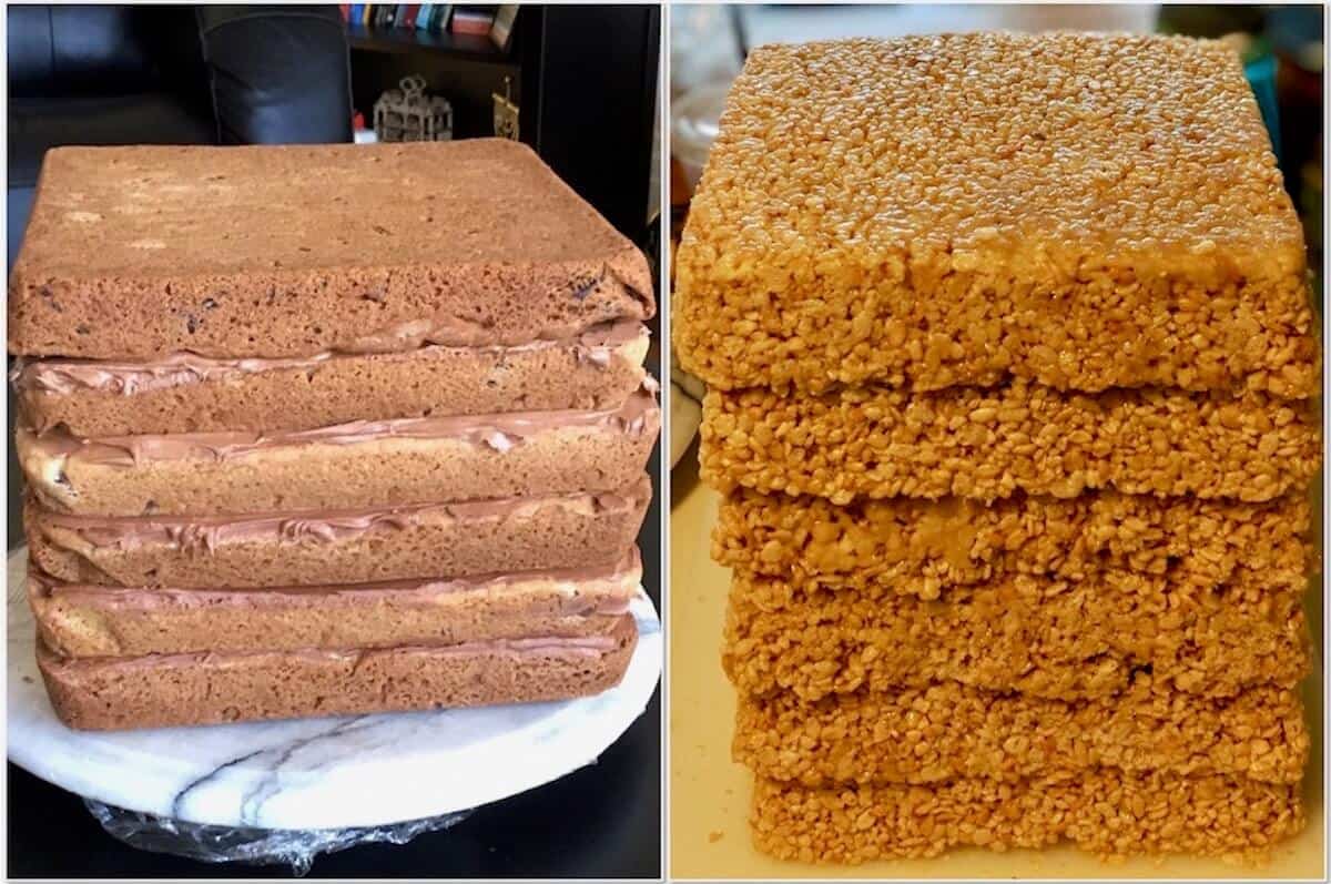 Collage of cookie cake layers and crisped rice treats stacked into towers.