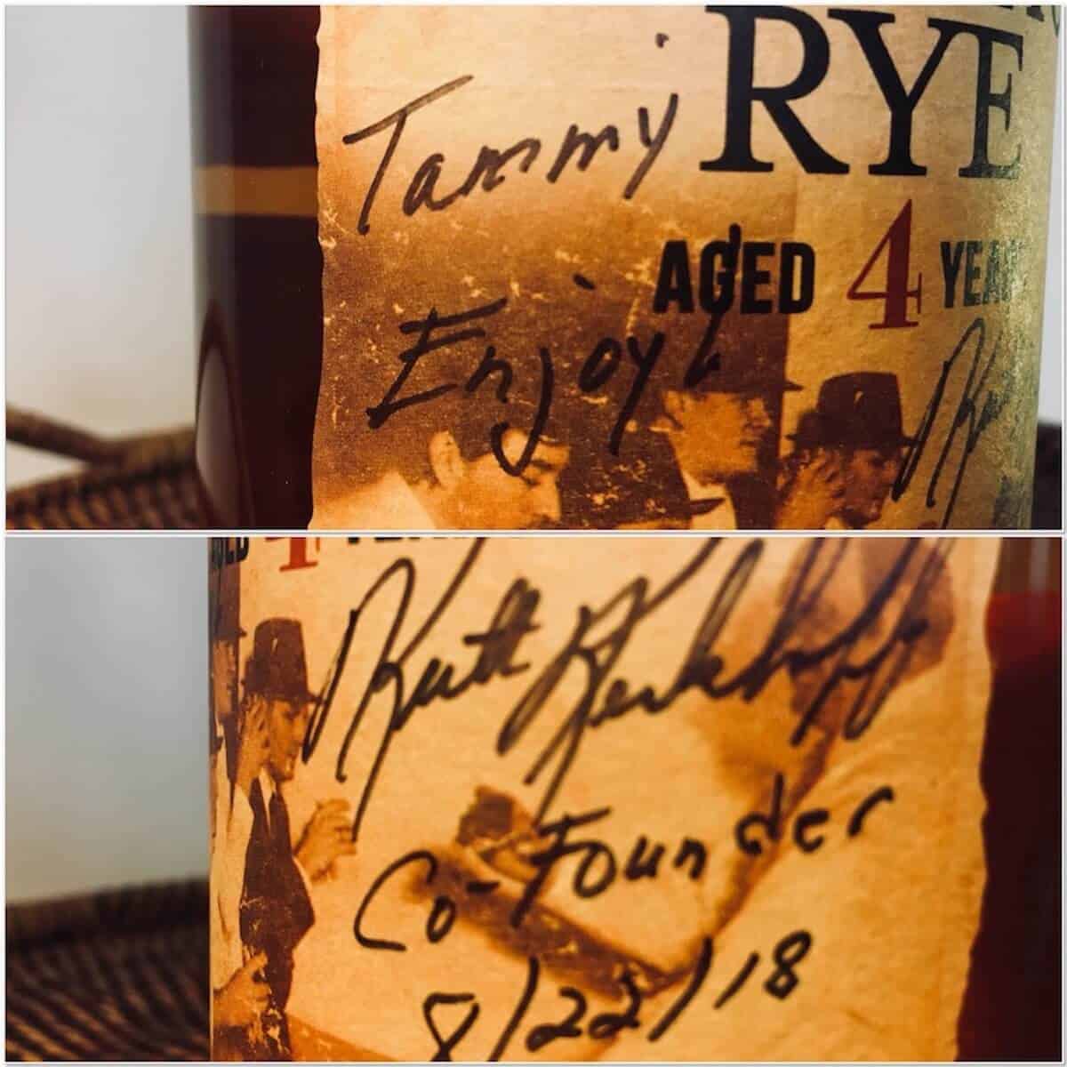 Collage of the Templeton Rye whiskey autographed bottle.