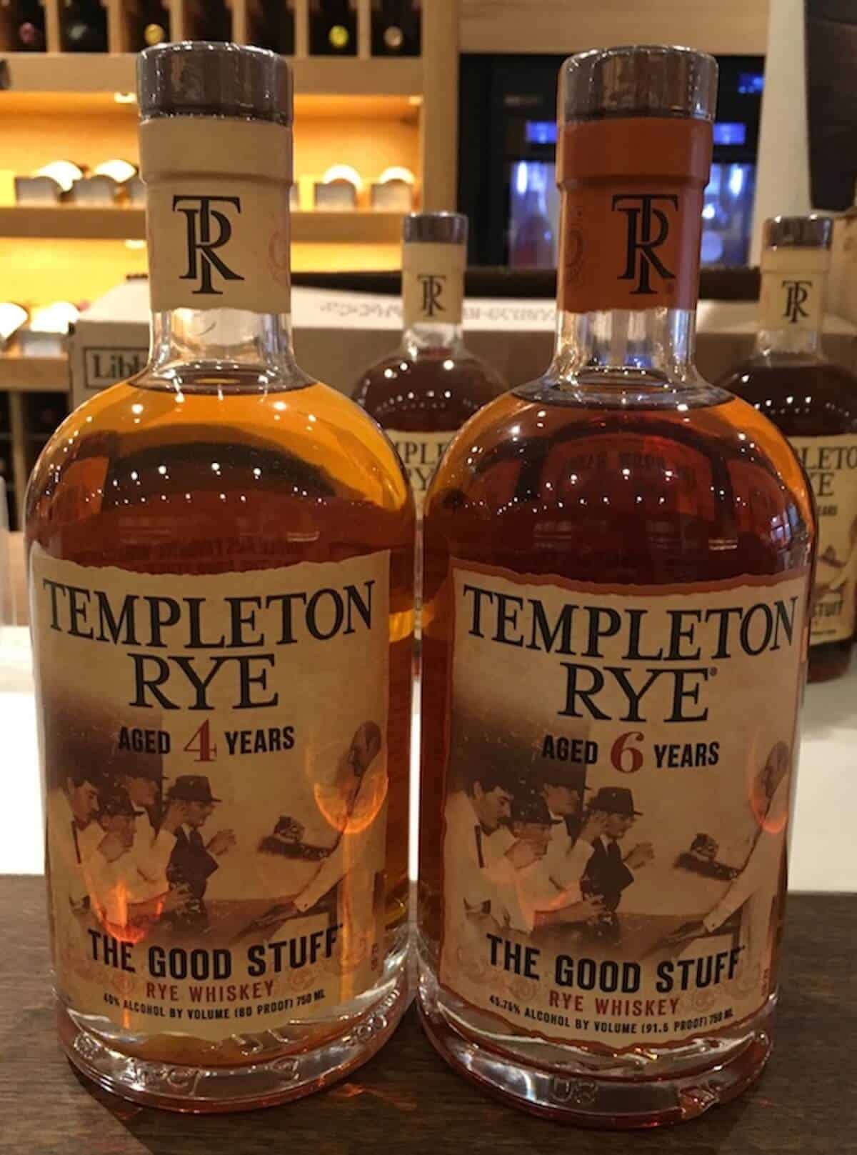 Templeton Rye 4 year & 6 year whiskey in bottles on a counter.