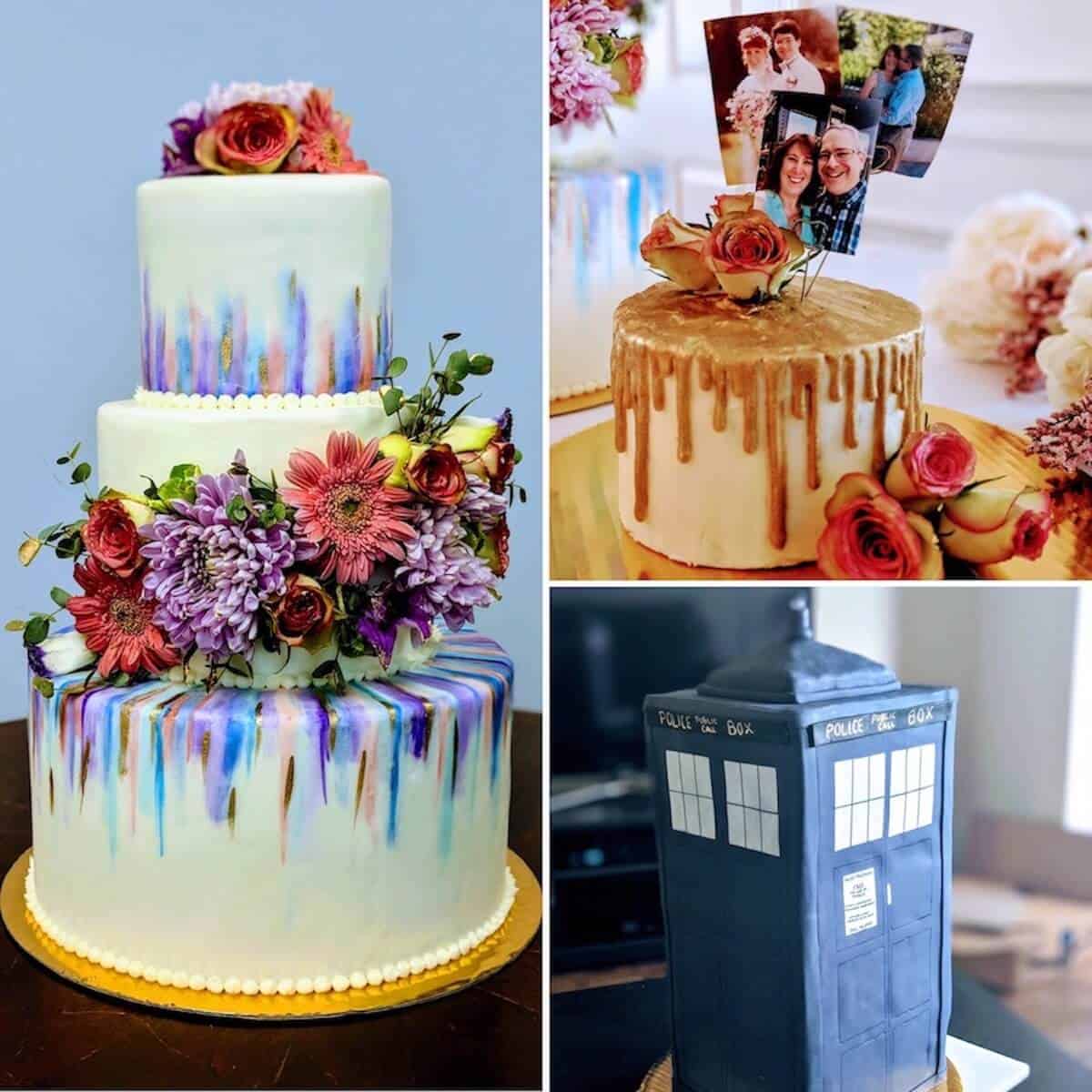 Collage of a wedding cake, an anniversary cake, and a TARDIS cake.