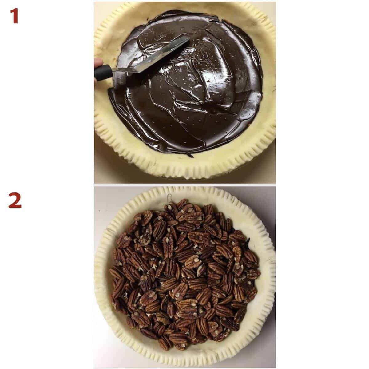 Collage of spreading chocolate on the pie shell and packing in the pecans.