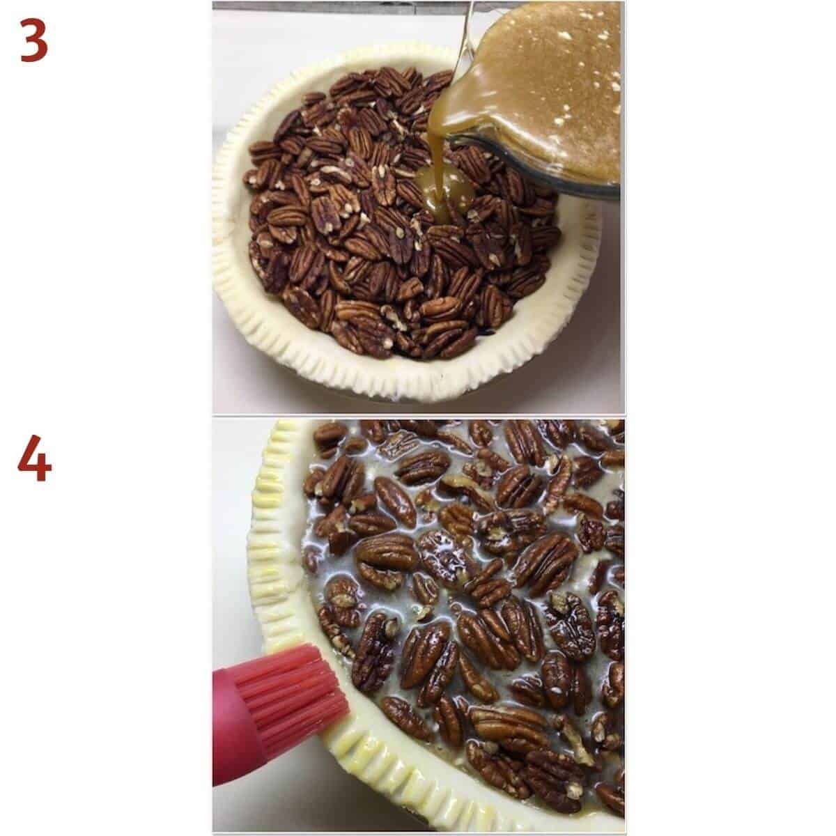 Collage of pouring pecan pie filling and brushing the edge with egg wash.ouring on the filling