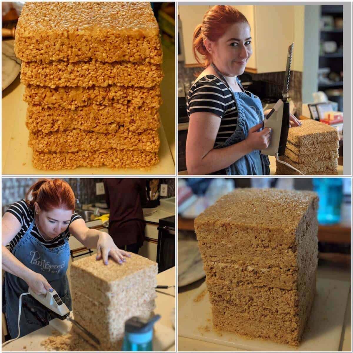 Collage of shaping stacked rice crispy treats into a straight sided tower.