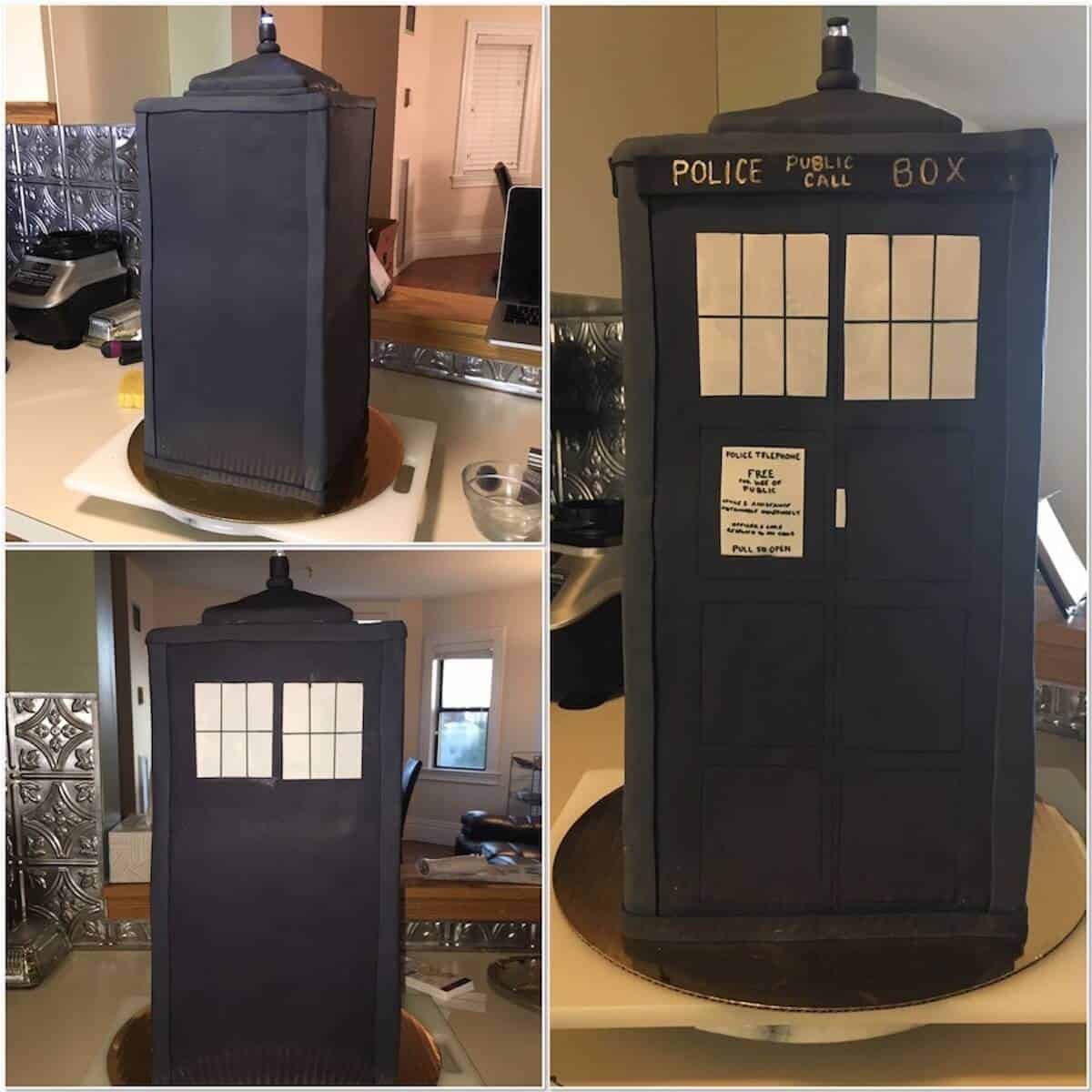 Collage of showing the process of decorating the TARDIS cake.